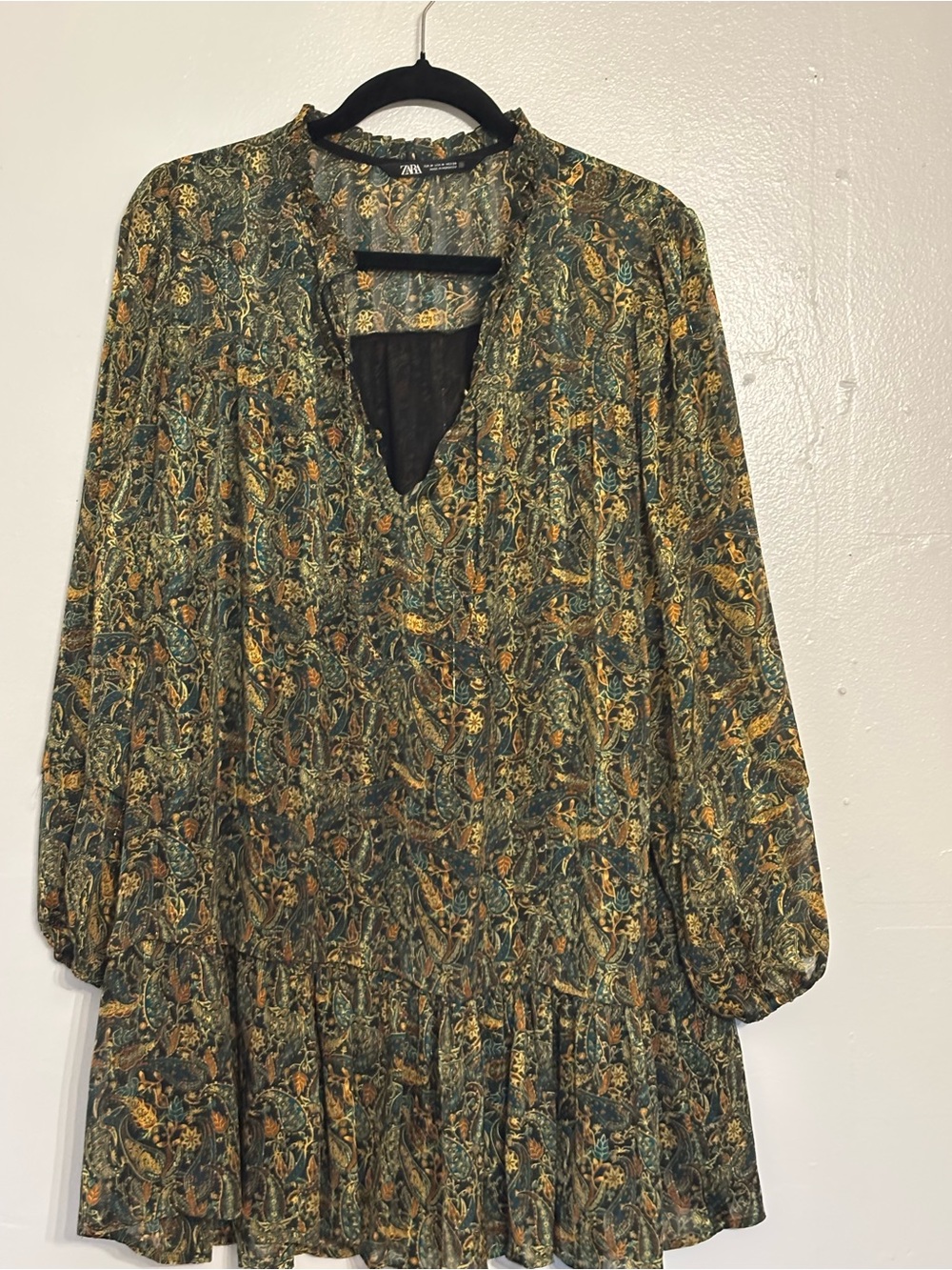 Zara Olive Green Paisley Long-Sleeve Ruffled Tiered Dress